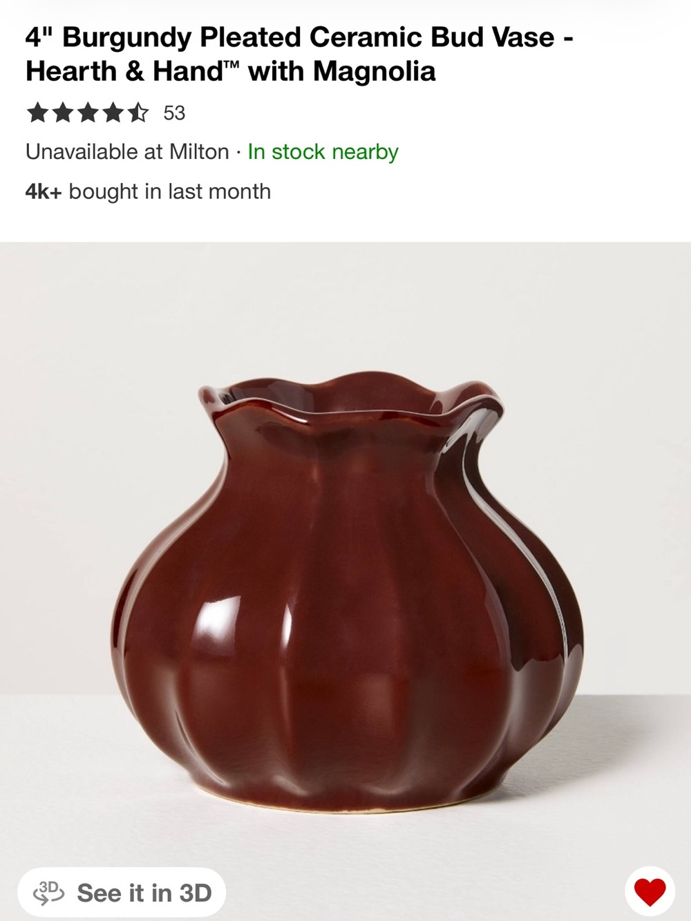 Hearth & Hand Glossy Burgundy Pleated Ceramic Vase
